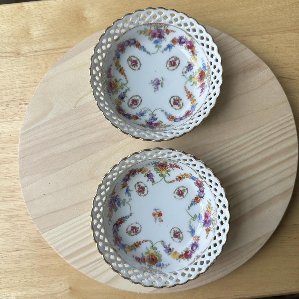 VTG Schumann Bavaria Dresden Gilt Two Bowls 5 Inch Hand‎ Painted Floral Webbed